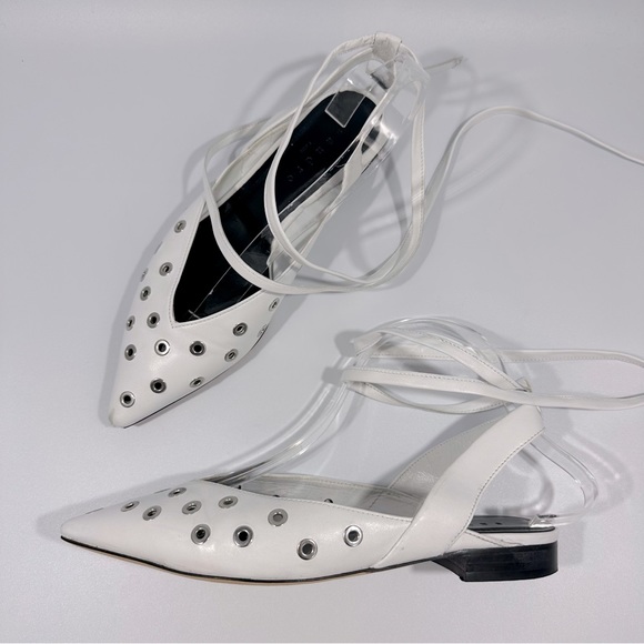 Sandro Shoes - Sandro White Leather Silver Grommet Pointed Toe Wrap Flats Shoes 37
